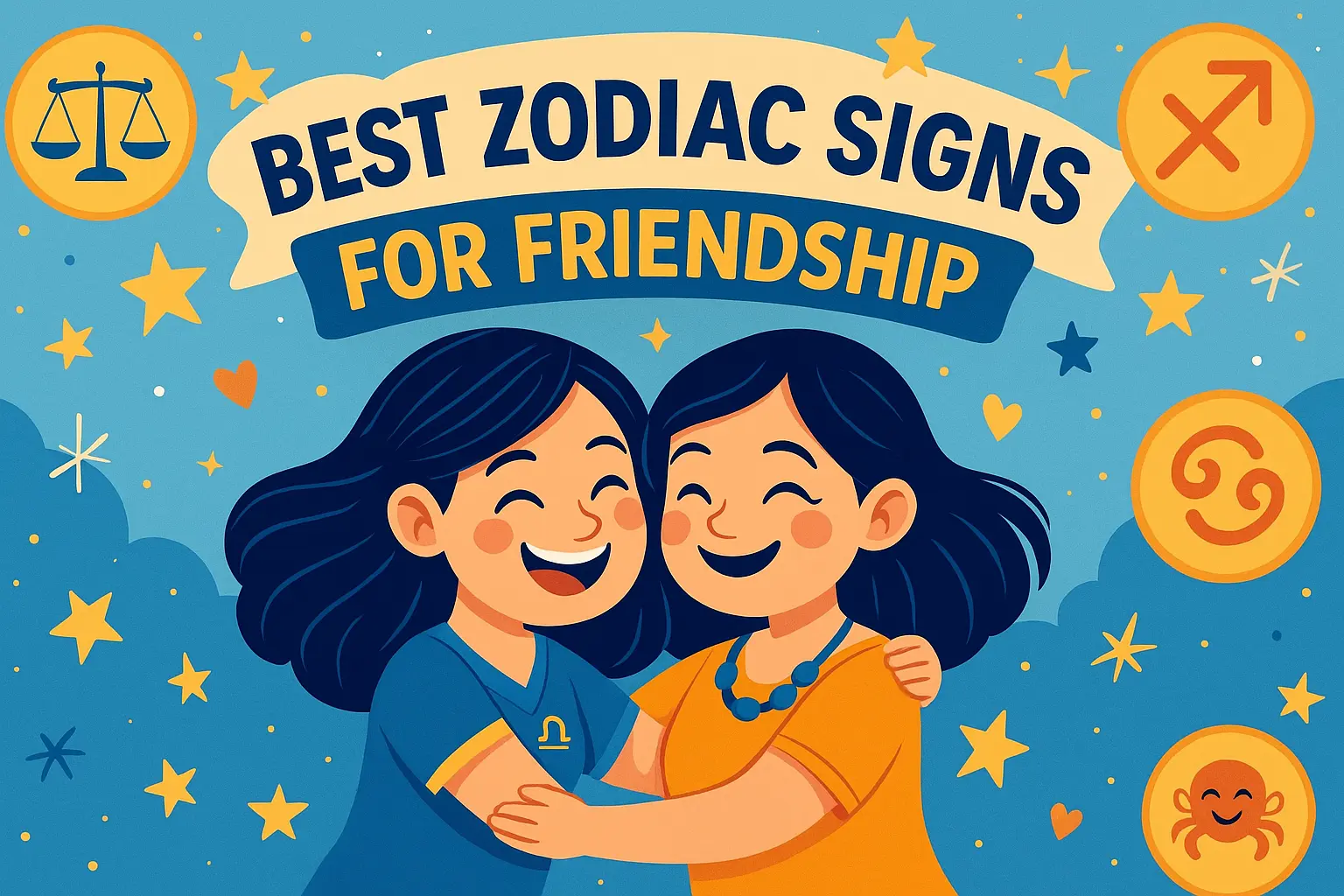 best zodiac signs for friendship - Libra, Cancer, Sagittarius cartoon illustration