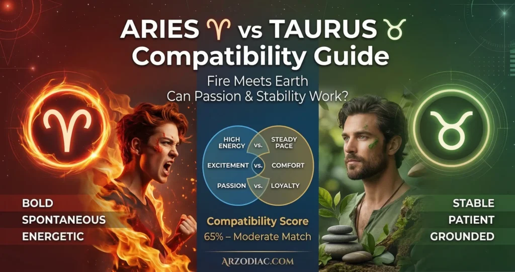 Aries and Taurus Compatibility chart showing relationship dynamics between fire and earth zodiac signs